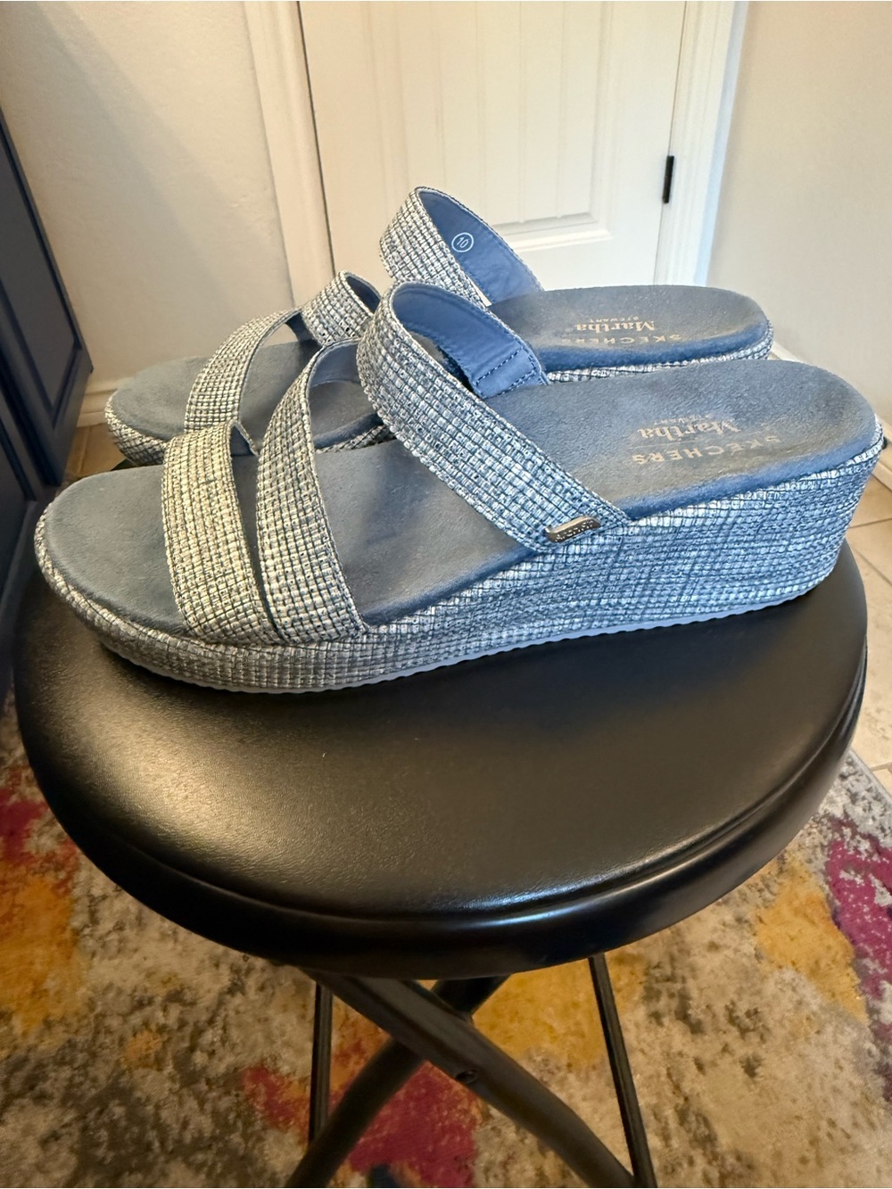 Skechers Martha Stewart Arch Fit Beverlee Morningside Blue Wedge Slide Sandals